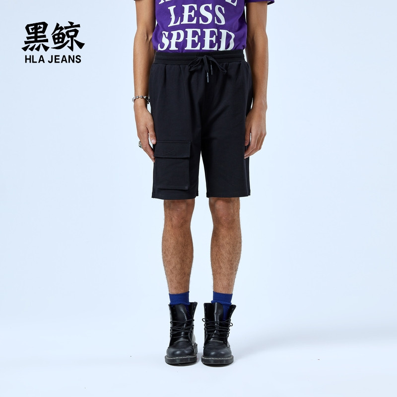 黑鲸HLAJEANS印花休闲中裤男2019夏季个性贴袋休闲裤子男海澜潮牌_1 175/84A 黑色25