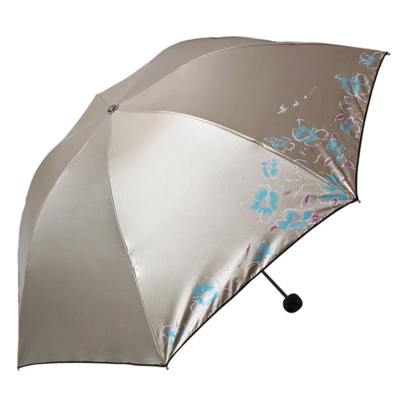 天堂伞 那时花开黑涤彩胶防紫外线三折钢杆钢骨晴雨伞01133E 古铜