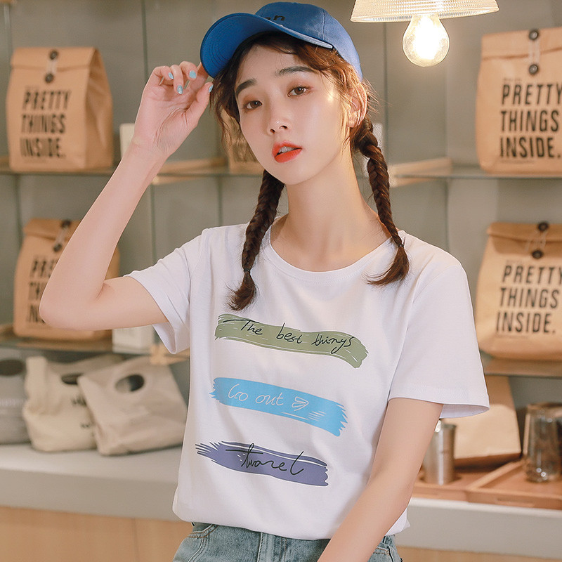 碧芮短袖t恤女2019新款夏季半袖印花春装条纹ins潮宽松衣服女装上衣 L 白色607