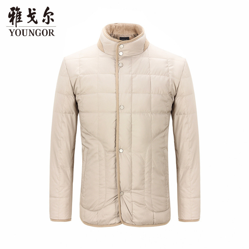 Youngor/雅戈尔冬装男士羽绒服白鸭绒商务休闲立领米色短外套4D05 175/96A 米色
