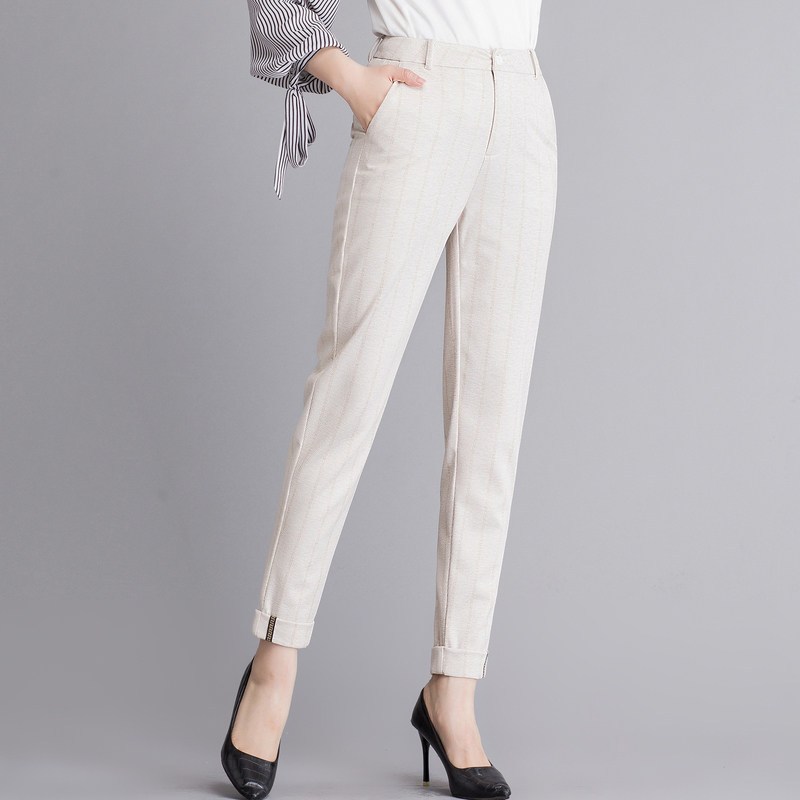 恒源祥高腰哈伦裤春季九分萝卜裤2019女裤黑色裤子宽松休闲裤条纹_3 170/80A AX1929米条