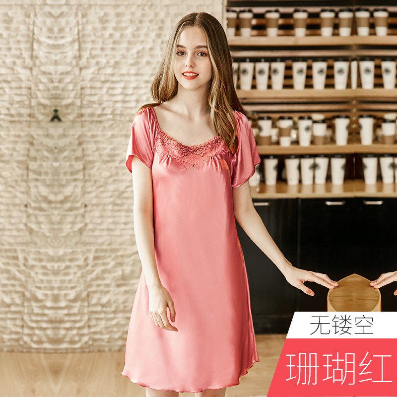 耀婷仿真丝睡衣女士夏季丝绸性感短袖睡裙女夏_2 XXXL 珊瑚红-无镂空
