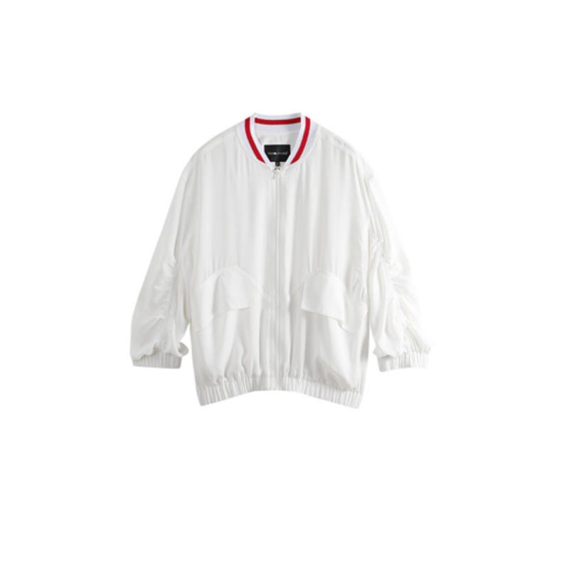 初语2019夏装新款bf风韩版宽松中性薄款雪纺外套棒球服短外套女 米白色 S