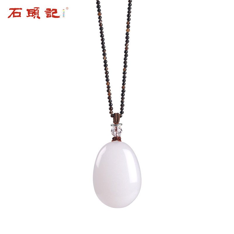 石头记灵雨串珠项链女天然玛瑙玉髓京白玉吊坠长款毛衣链百搭_4 C款黑玛瑙项链+京白玉吊坠118101912
