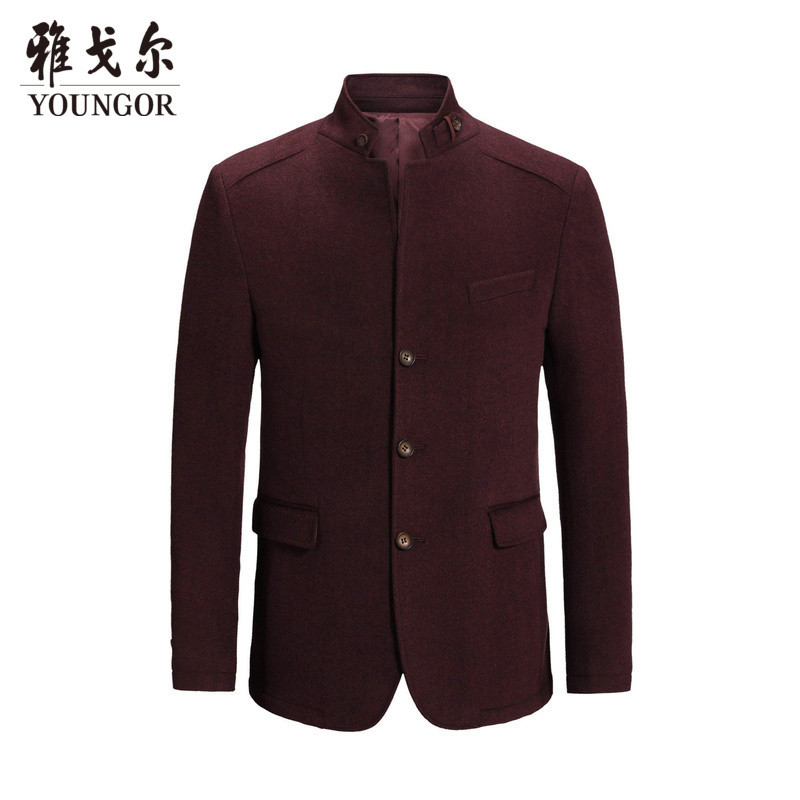 Youngor/雅戈尔男士春装暗红素色时尚立领含羊毛西服E038 暗红-E038 165/88A