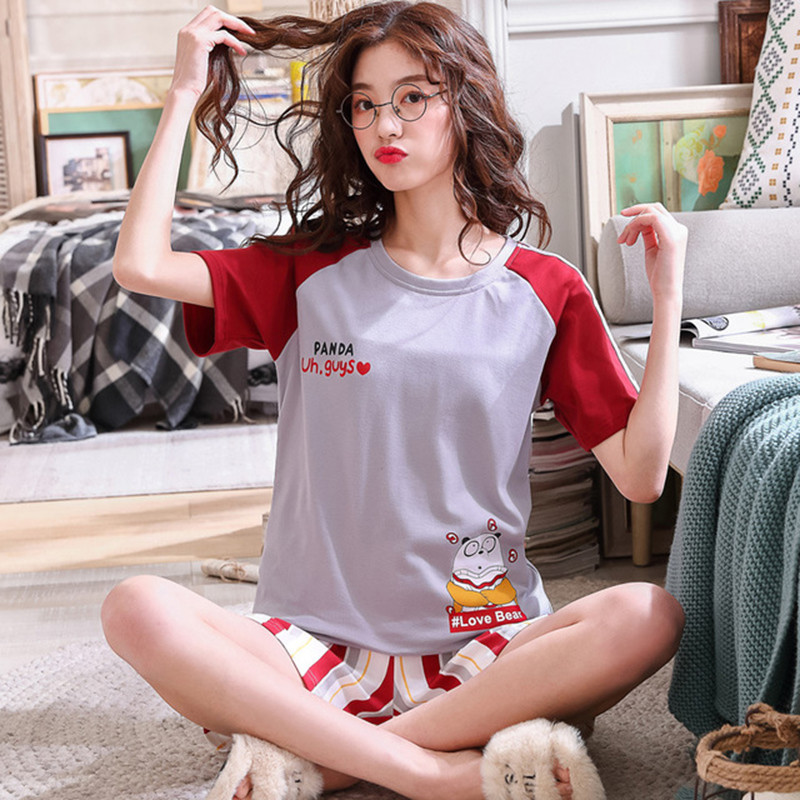 纯棉短袖韩版家居服可爱卡通夏季少女士短裤运动睡衣套装 XXXL 1918短袖女