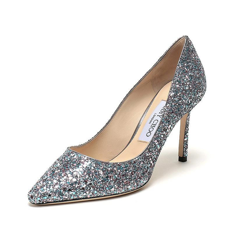 Jimmy Choo 周仰杰 女士粗闪光织物尖头 高跟鞋 ROMY 85 CGF 184 BUBBLEGUM_MIX_-银色蓝色多色拼色 36
