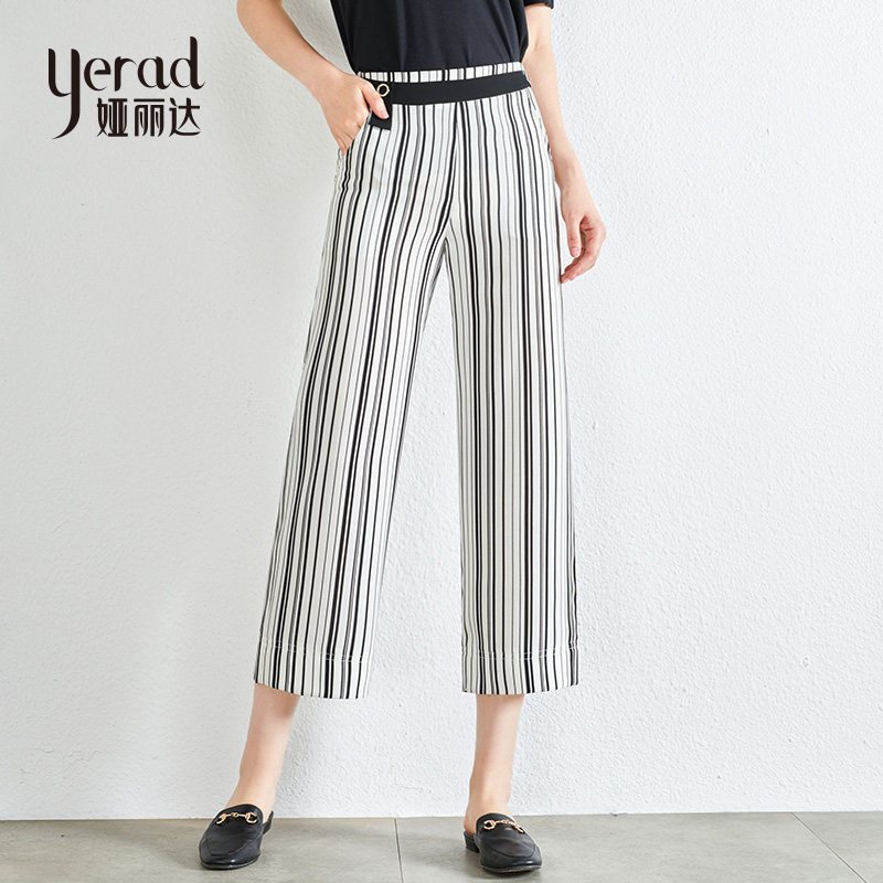 娅丽达女裤阔腿裤女夏条纹宽松垂感高腰职业休闲九分高腰薄款裤子_1 27 黑色A0