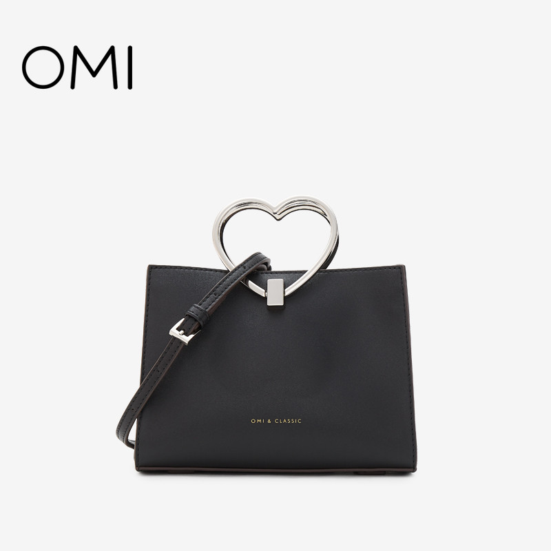 欧米OMI包包女2019新款时尚简约单肩斜挎包韩版百搭金属环手提包 黑色