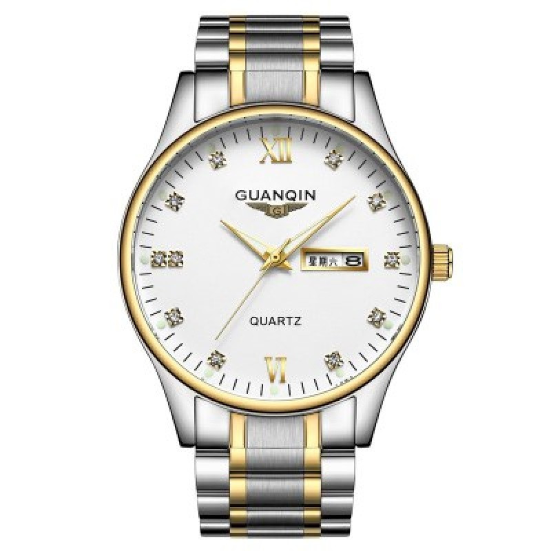 冠琴(GUANQIN)男新款防水夜光石英表精钢带超薄时尚潮男士手表 钻面间金白面
