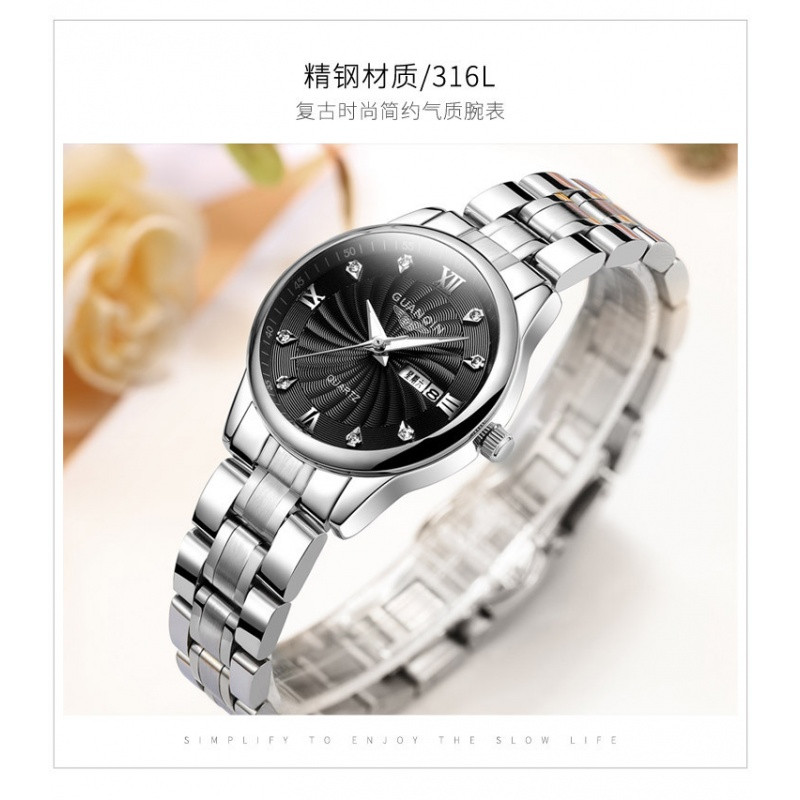 冠琴(GUANQIN)手表女士防水时尚潮流新款简约休闲大气女表情侣款手表 女款精钢黑面