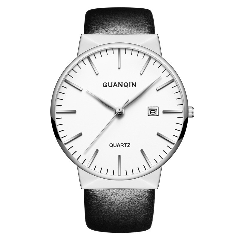 冠琴(GUANQIN)正品防水石英表时尚英表潮流定制学生高档腕表 精钢白面皮带
