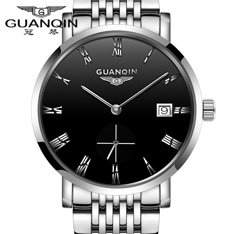 冠琴(GUANQIN)手表男士超薄真皮带全自动机械表防水商务男表时尚潮流腕表 钢带罗马白壳黑