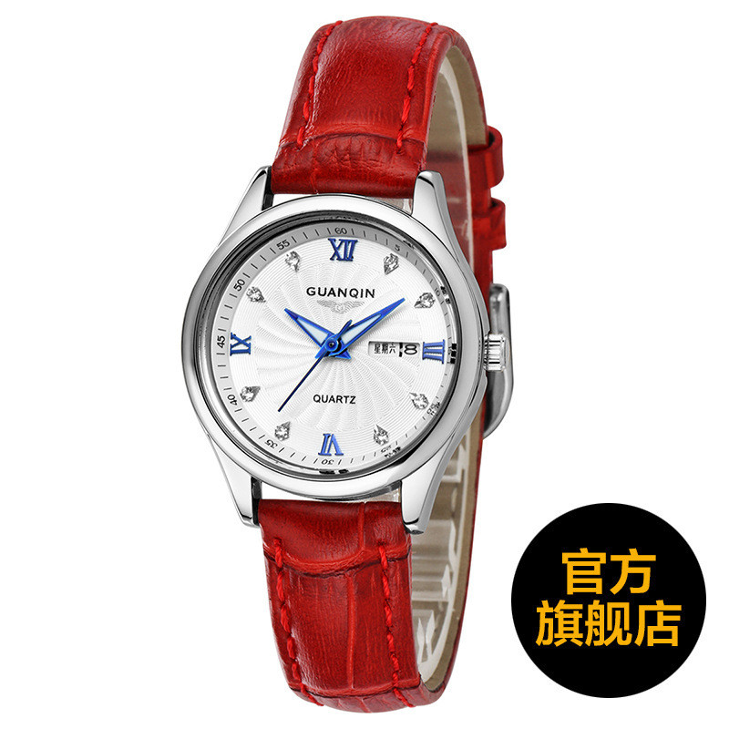 冠琴(GUANQIN)手表时尚镶钻皮带高档石英表新款夜光防水学生腕表 精钢白面红皮