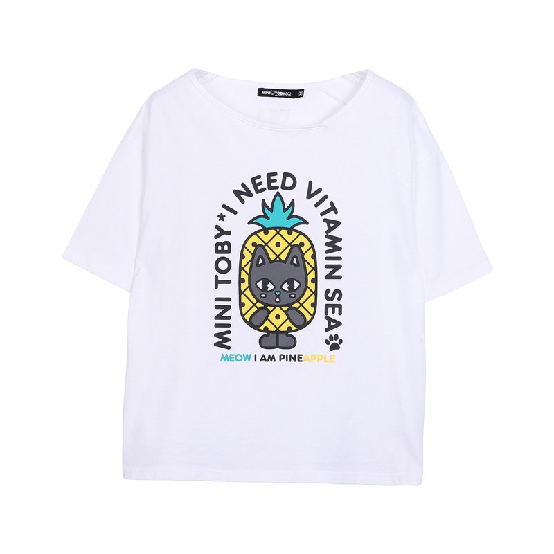 a02新款时尚斜领萌趣卡通印花短袖小众设计感T恤DTU2D1081KT 白色-000 S