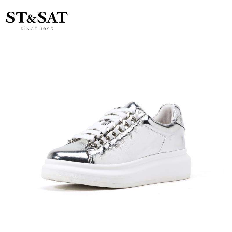 星期六(ST&SAT)春秋新品圆头深口中跟老爹鞋女单鞋SS93112215 23银色 37码