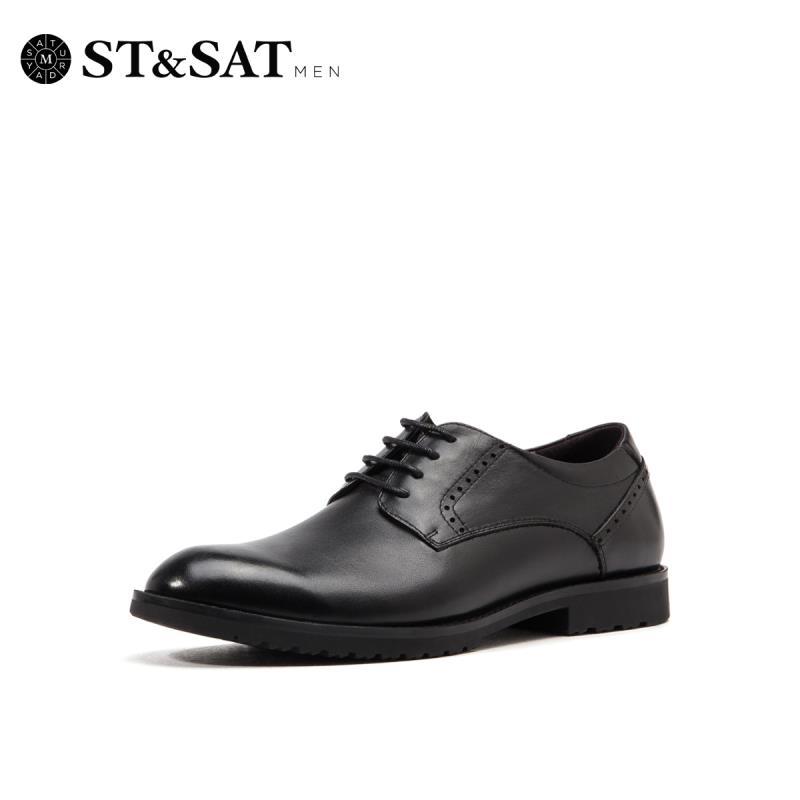 ST&SAT/星期六新款圆头低跟系带休闲皮鞋男鞋SS93129902 10黑色 38码