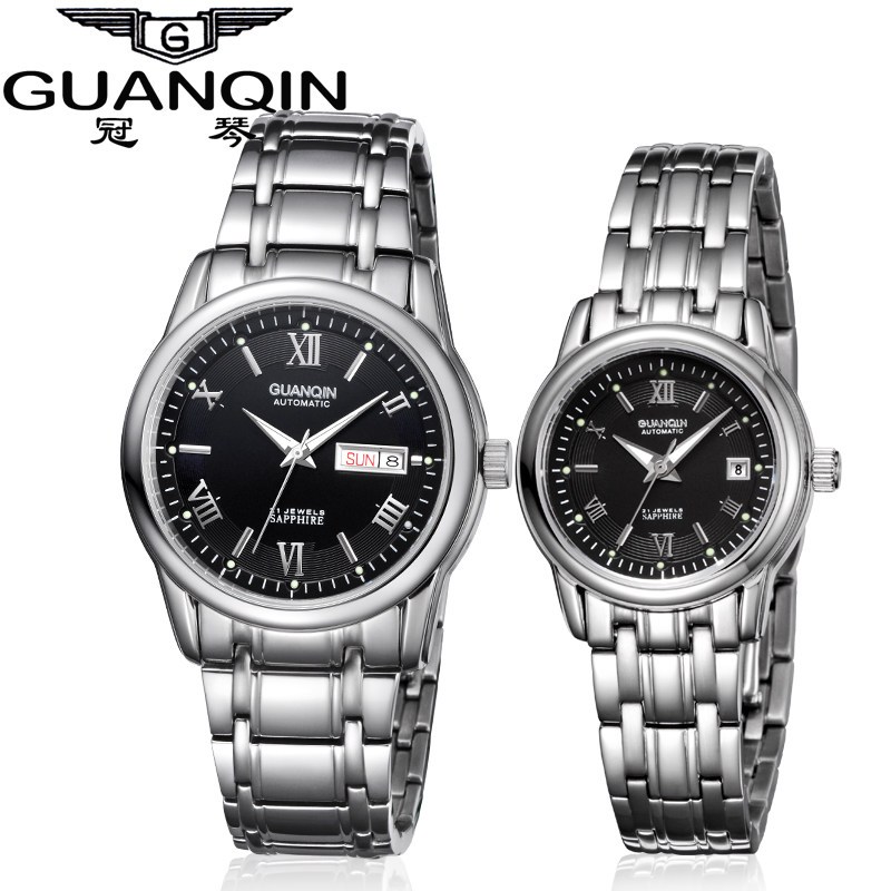 冠琴(GUANQIN)情侣表一对全自动机械表精钢带商务防水夜光情侣腕表 黑底银罗马对表