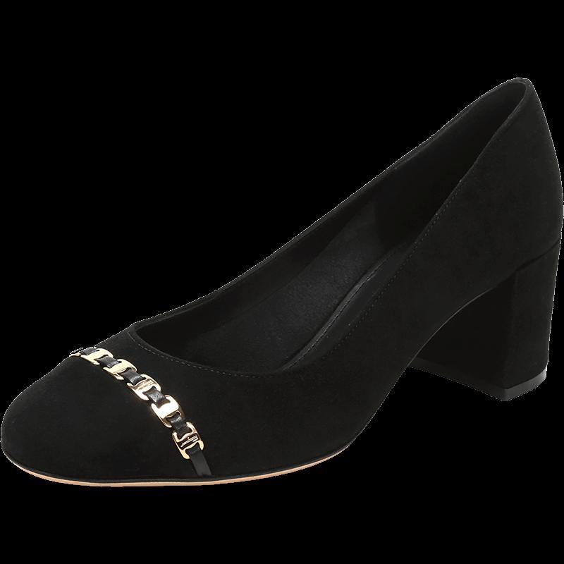 Salvatore Ferragamo 菲拉格慕 女士绒面皮革圆头高跟鞋粗跟鞋 0704013 黑色 5.5C