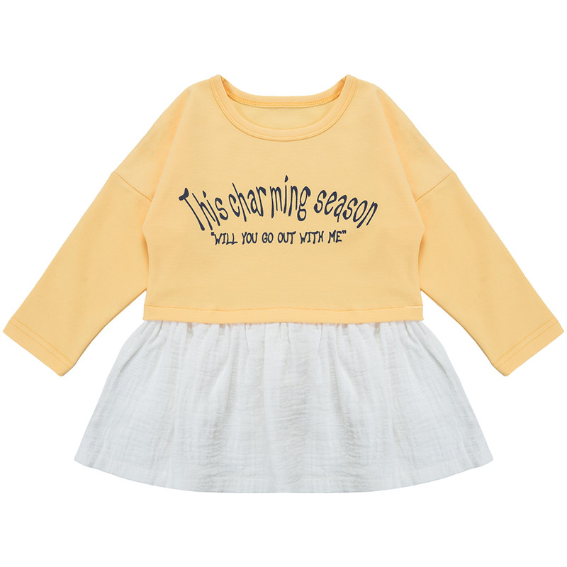婴姿坊春秋女童女宝宝儿童字母拼接卫衣连衣裙 90cm 黄色