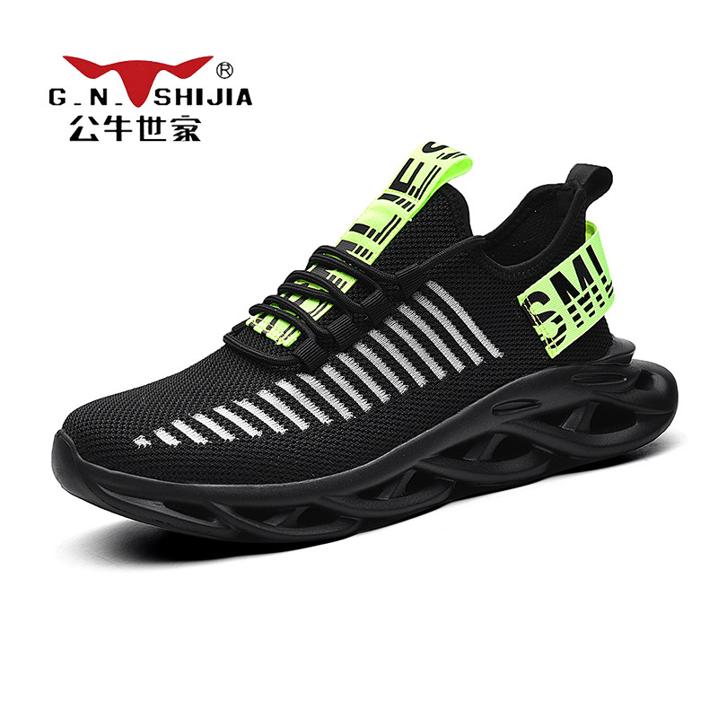 公牛世家(G.N.Shi Jia)夏季单层跑步运动潮鞋飞织鞋男士运动跑鞋透气休闲鞋刀锋男鞋GN12912 黑绿色 42码