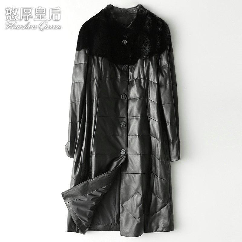 憨厚皇后2019新款海宁真皮皮衣女士长款水貂毛领绵羊皮羽绒外套T 2XL 黑色