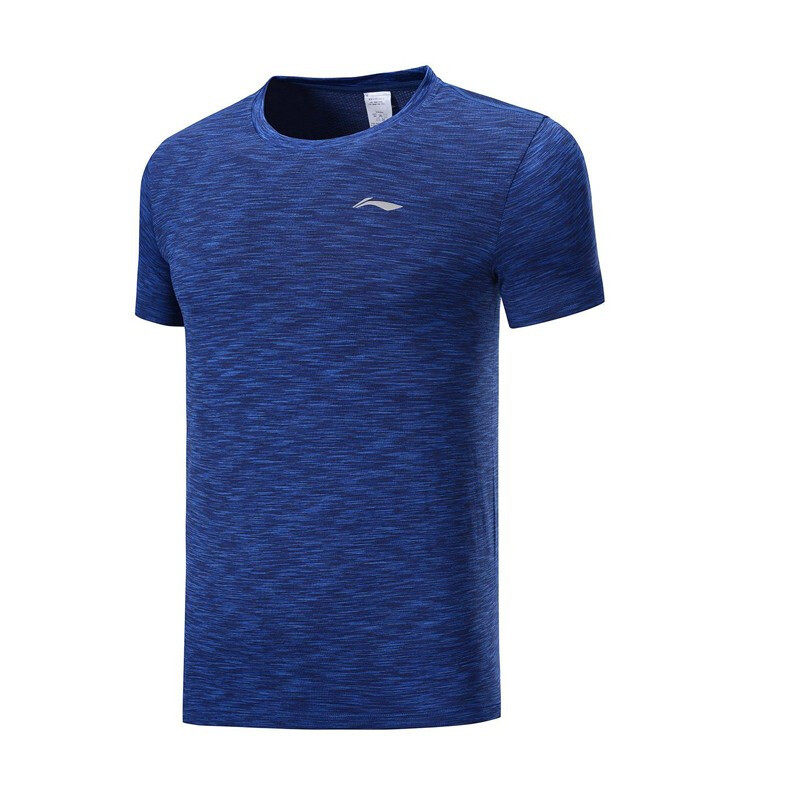 李宁（LI-NING）运动男款圆领透气弹力跑步短袖T恤ATSP125 S ATSP125-3蓝花灰（男）