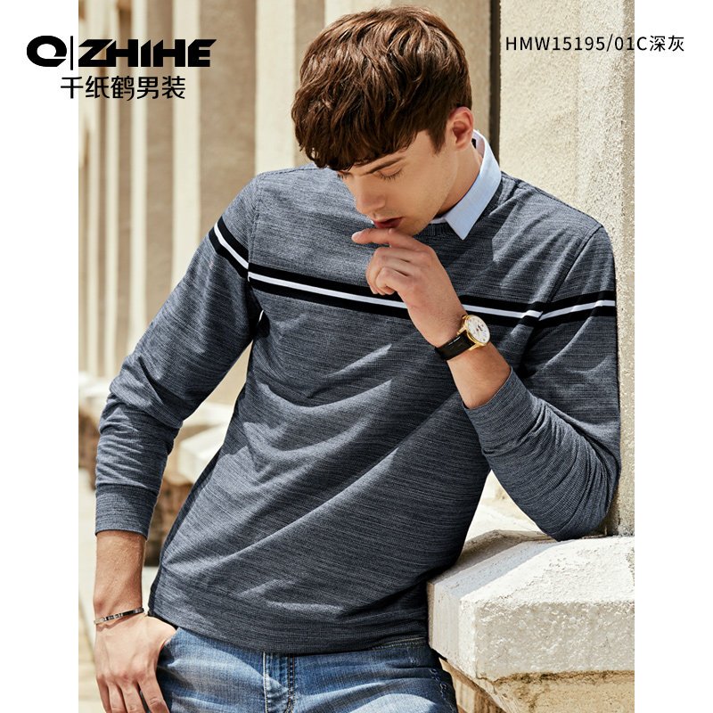 千纸鹤男装2019新款秋冬条纹休闲卫衣青年潮流假二件上衣男15195 S 01C深灰