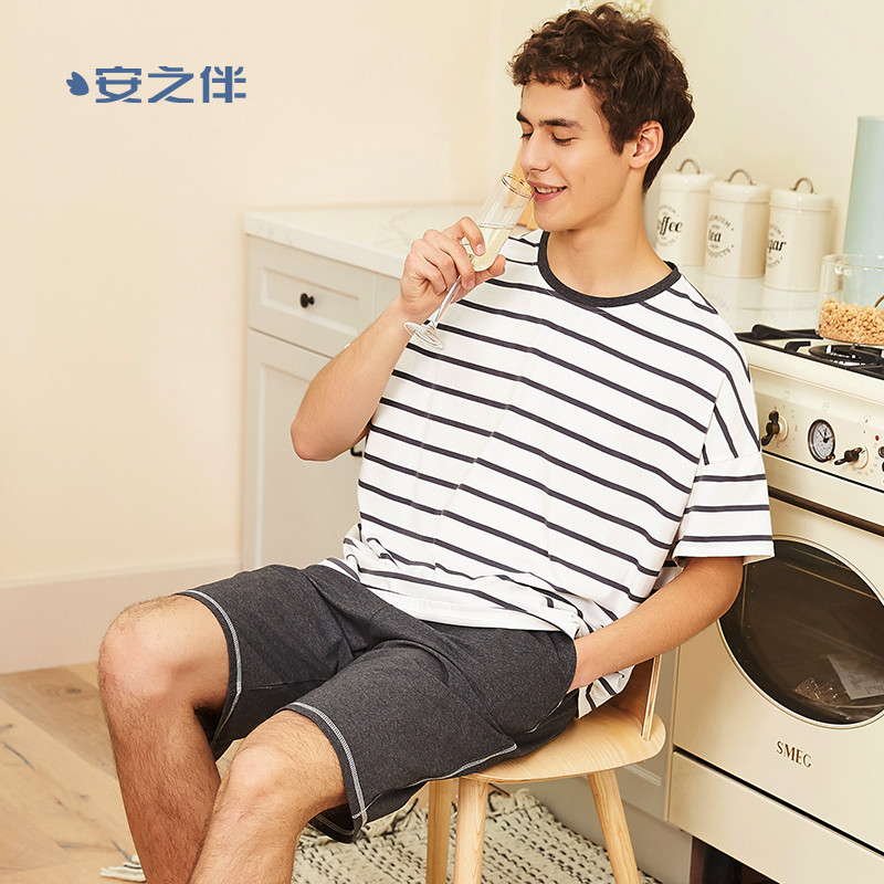 安之伴情侣睡衣女夏季薄款条纹V领纯棉短袖休闲宽松男家居服睡裙 花灰-男 XXL