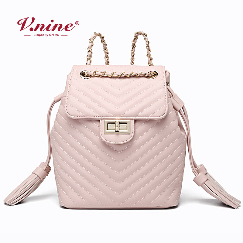 第九城（V.NINE） 双肩包女甜美淑女大容量流苏抽带包盖式包包时尚潮流休闲百搭背包 萸粉色