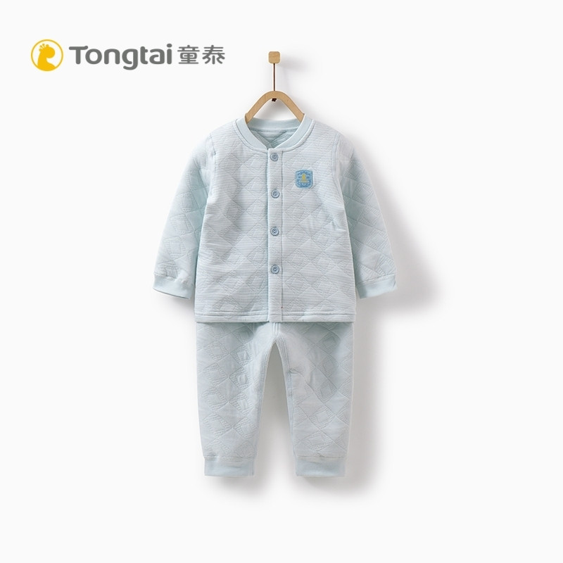 童泰秋冬新款婴儿纯棉衣服5-24个月男女宝宝立领保暖内衣套装 73cm 蓝色