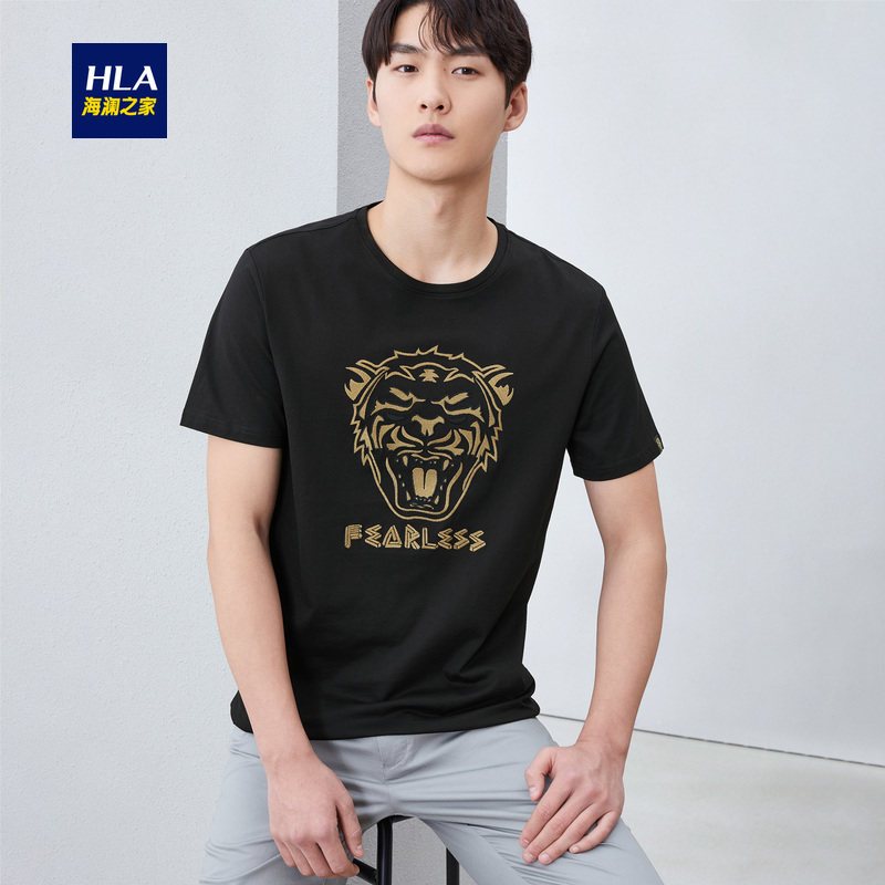 HLA海澜之家潮流绣花短袖T恤2019夏季圆领套头短T男 HNTBJ2R079A 黑色花纹79 185/100A/XXL
