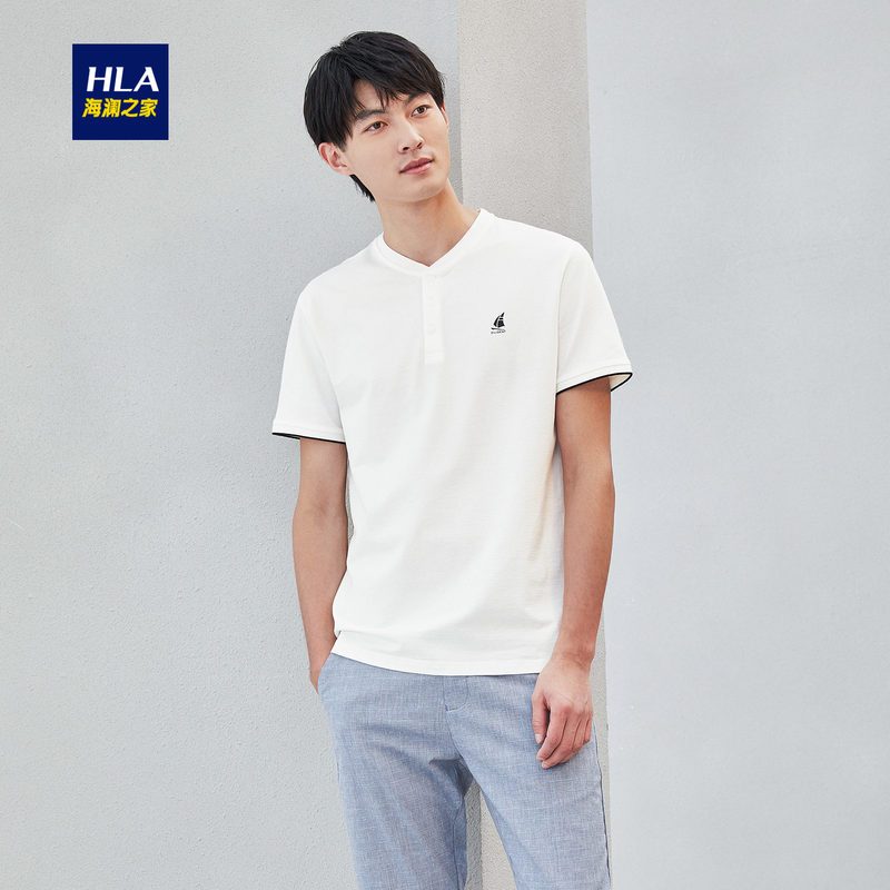 HLA海澜之家米白净色短袖T恤2019夏季立领三扣罗纹装饰短T男HNTBJ2R289A 米白U9 170/88A/M