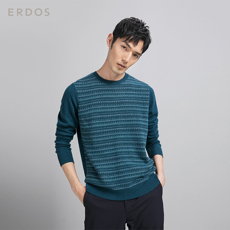 鄂尔多斯ERDOS 反季特惠羊绒圆领虚提加厚男式羊绒衫 115 深海铁蓝