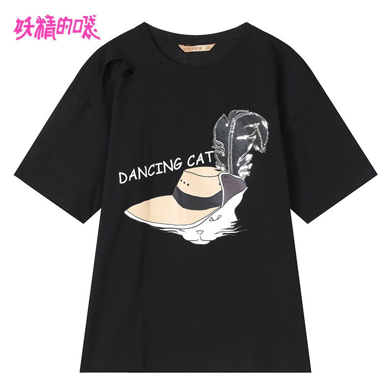 妖精的口袋短袖T恤女夏装2019新款韩版百搭印花图案宽松ins潮上衣 M 夜色黑