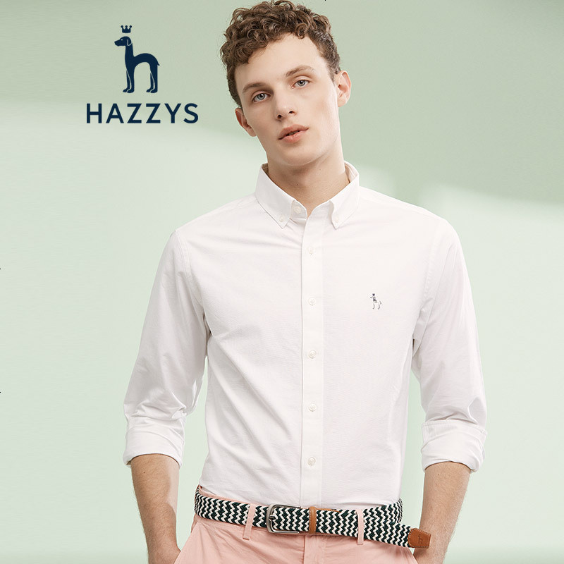 哈吉斯HAZZYS春夏新款衬衫男百搭挺括系扣领衬衫F 170/92A_46 米黄色OW