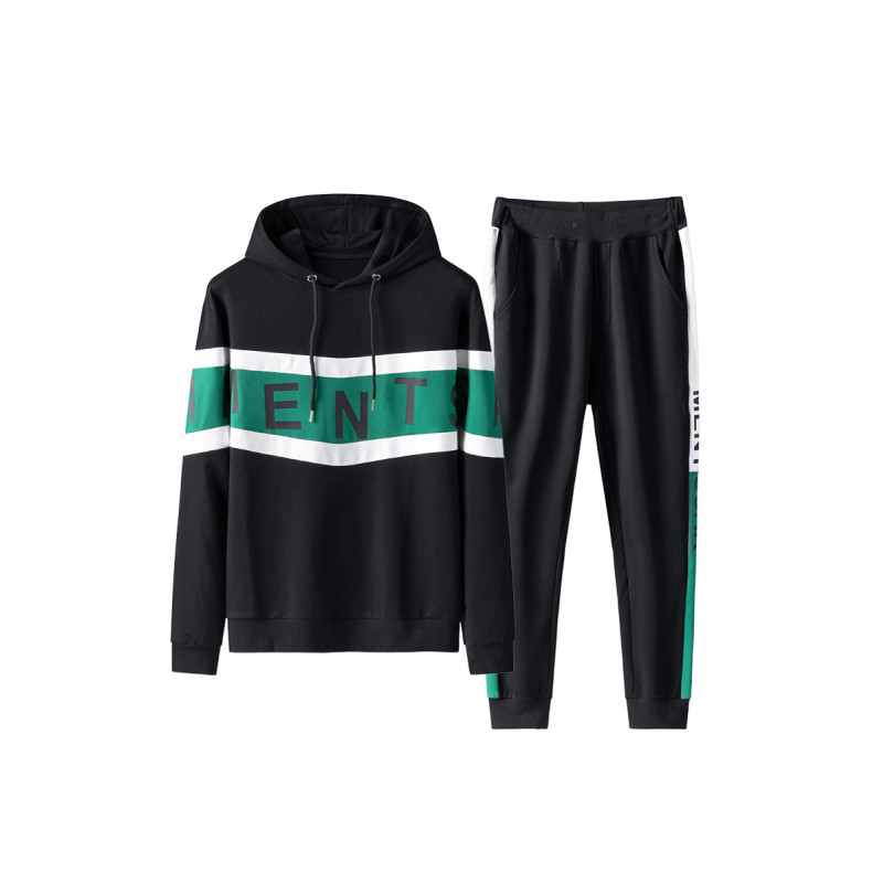 三弦(LA CORDE)男士卫衣连帽春秋季2019新款潮牌衣服秋季两件套休闲运动套装男装LA-MYY-8024 黑绿 M