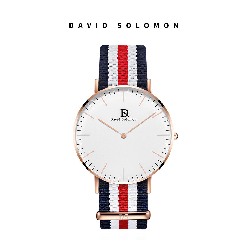 David Solomon手表时尚商务石英男表 白面三色经纶 红色