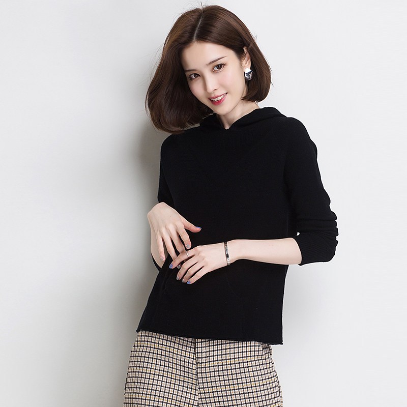 yaloo/雅鹿女装针织羊毛衫打底内搭连帽毛衣新款修身羊毛衫外套x 170/XL 黑色