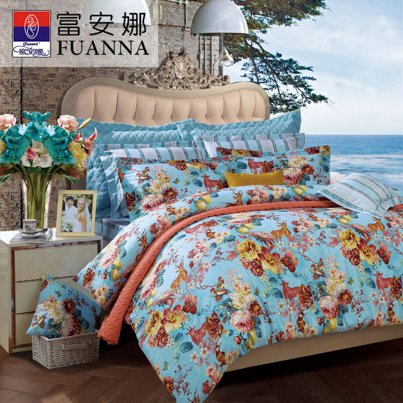 富安娜 (FUANNA) 新清风雅颂纯棉四件套被套:203*229cm 床单:230*250cm 枕套:74*48cm 蓝色