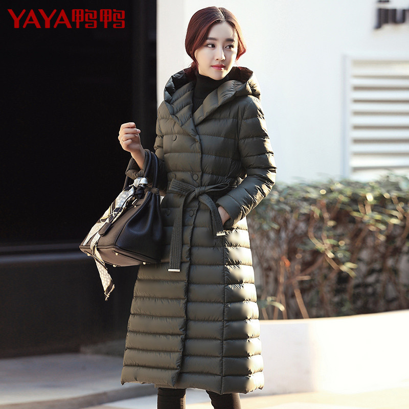 鸭鸭2018新款女装连帽加厚羽绒服女中长款过膝时尚韩版潮修身B-5749 军绿 160