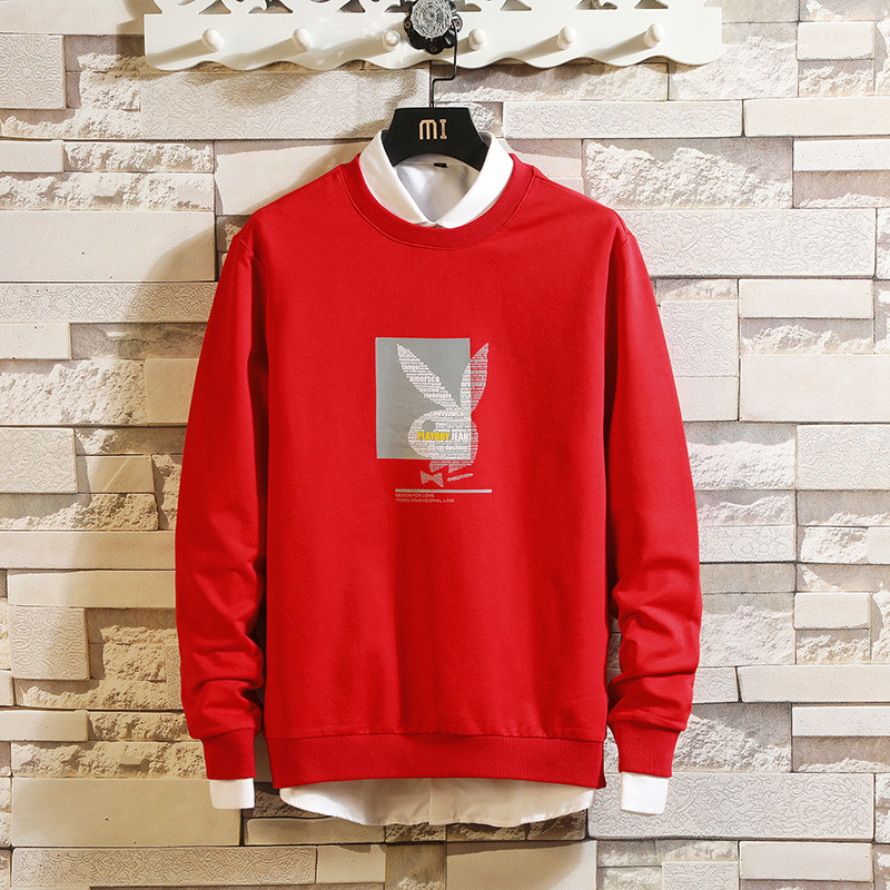 花花公子(PLAYBOY ICON)卫衣男修身圆领印花长袖舒适连帽上衣 2XL 红色