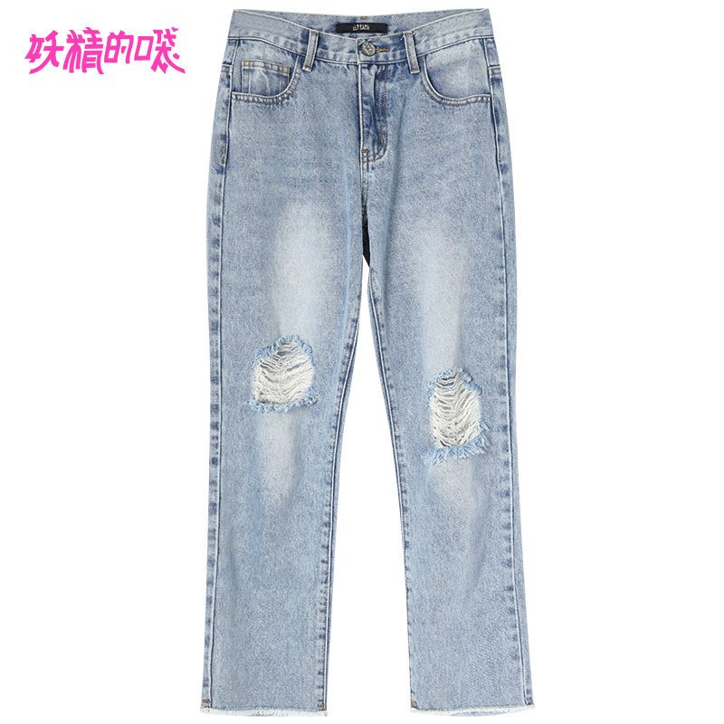 妖精的口袋破洞裤女宽松直筒裤2019夏季新款韩国bf乞丐裤牛仔裤潮_1 L 牛仔蓝色