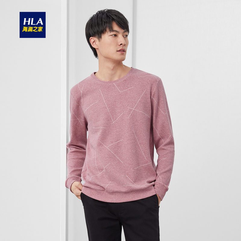HLA/海澜之家经典圆领长袖T恤2019秋季粉嫩系套头衫男 HNTAD3R040A 粉红花纹40 165/84A/S