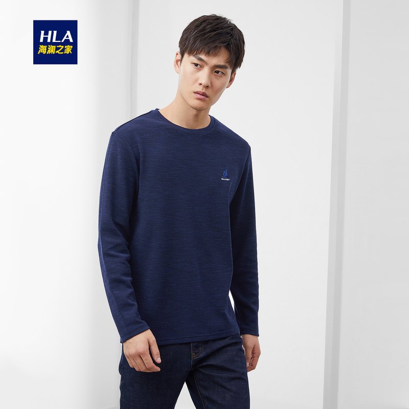 HLA/海澜之家花纱圆领长袖T恤2019秋季基础套头舒适长T男 HNTAD3R056A 藏青56 180/96A/XL