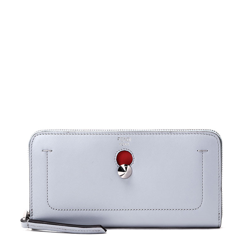 FENDI/芬迪 女钱包缝线饰边锥形铆钉长款腕带手拿拉链钱夹 8M0382 薄雾蓝