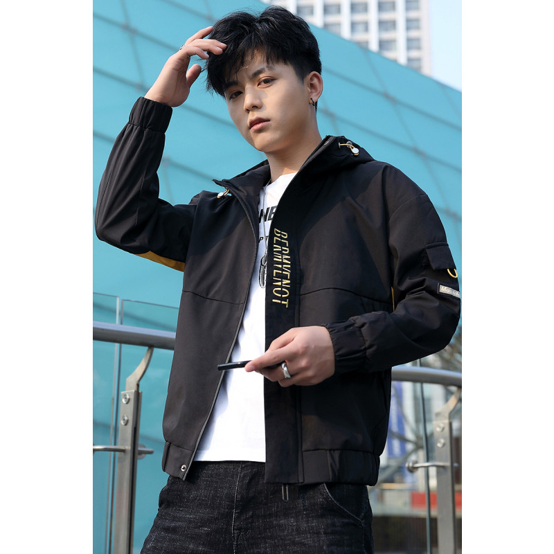 三弦(LA CORDE)春秋季男士夹克韩版修身潮流连帽刺绣个性外衣青少年时尚休闲外套LA-TCJK8816 XL 黄色