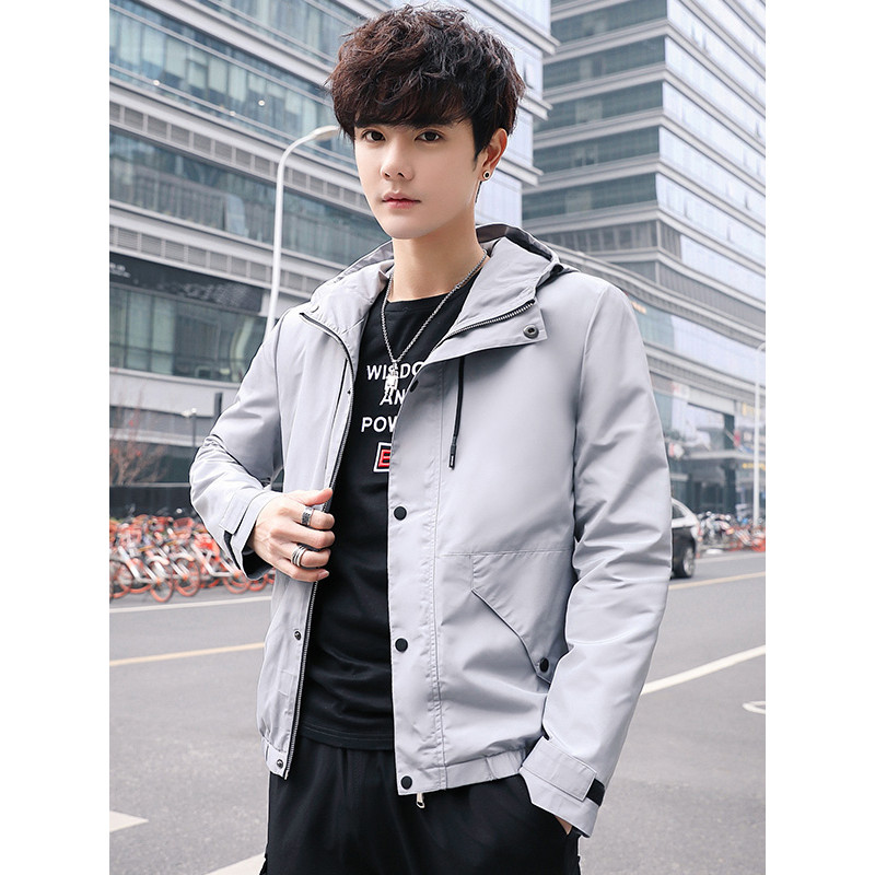 蓝旗(BLUEG)2019秋季新款男士夹克潮流韩版青年休闲连帽工装外套 M 浅灰