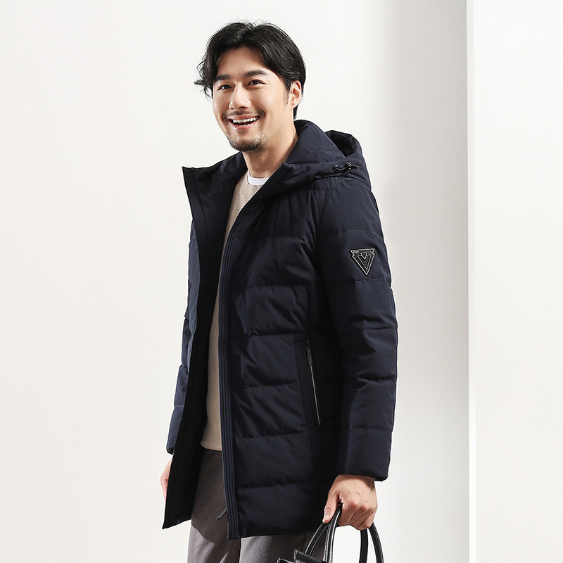 千仞岗男士中长款商务休闲纯色连帽羽绒服外套229627 190/4XL 青藏蓝