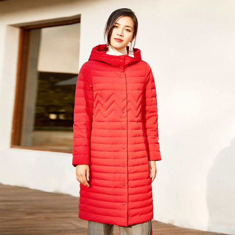 千仞岗女士秋冬轻薄中长款连帽修身薄羽绒女229056 180/2XL 经典红